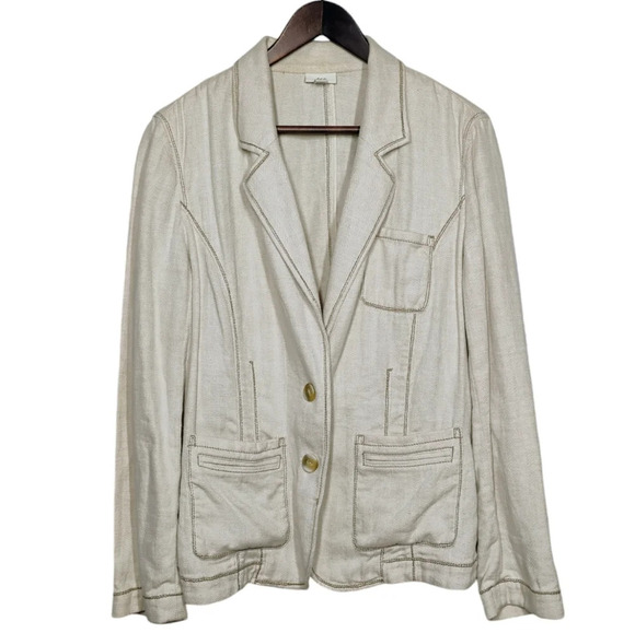 J Jill Linen Cotton Blazer Womens 12 Herringbone Preppy Coastal Classic - Picture 1 of 12